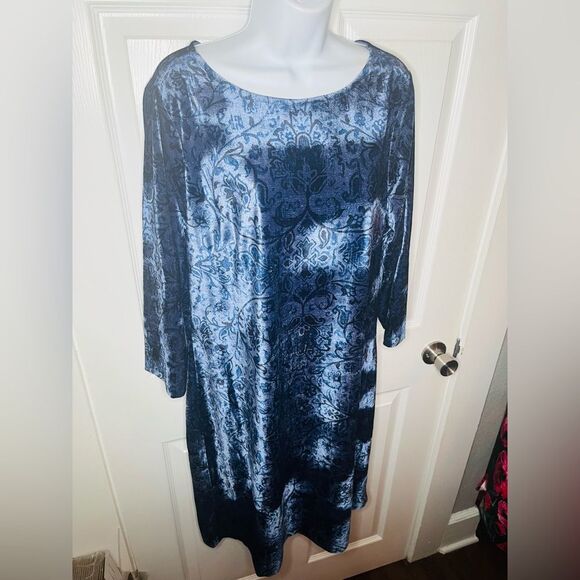 Coldwater Creek Navy Blue Floral Embossed Velvet Dress Shift L - Picture 2 of 8
